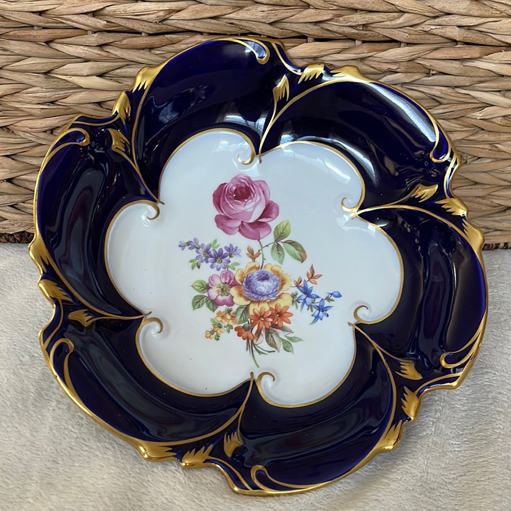 Vintage 1960’s German Floral Echt Kobalt Graf Von Henneberg Bowl Blue Gold Trim